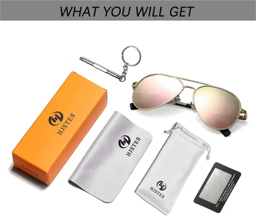 Vista 7 de HJSTES Lentes de sol polarizados estilo aviador para mujeres y hombres, lentes de espejo de metal clásicos, 100% bloqueo UV, 2.283 in