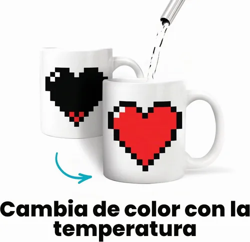Vista 2 de Kikkerland Pixel Heart Morphing - Taza que cambia de color reacciona al calor, regalo divertido para café, cacao caliente y bebidas calientes