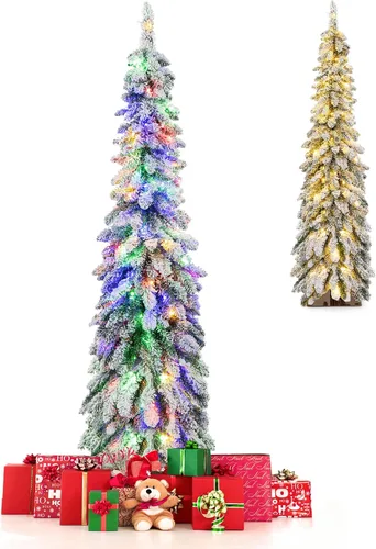 Vista 11 de GOFLAME Árbol de Navidad artificial preiluminado de 4 pies, árbol de Navidad delgado con nieve en forma de lápiz con luces LED multicolor y blanco