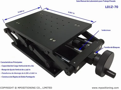 Vista 2 de L01Z-70 - Mesa elevadora de aluminio para laboratorio, tamaño de plataforma de 160 x 220, movimiento suave en eje Z de 2.756 in, carga de soporte