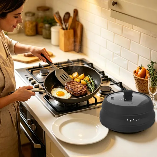 Vista 8 de Cubierta alta para salpicaduras de microondas, tapa protectora de vidrio de 5.8 pulgadas de altura con silicona plegable para plato de olla de Negro