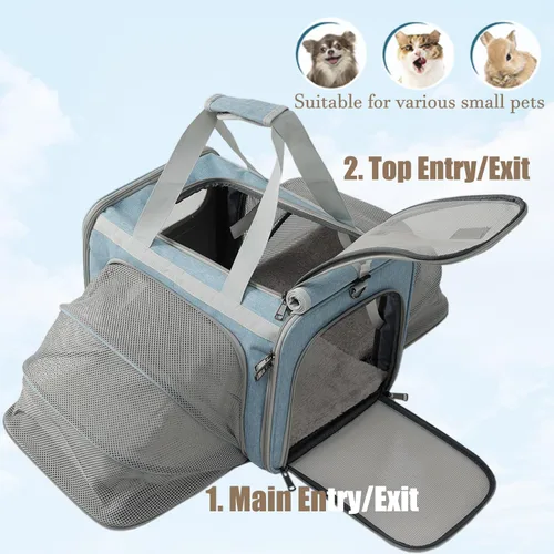 Vista 3 de Transportadores de gatos azul suave para perros, aprobado por aerolíneas, bolsa expandible para cachorros, lados blandos, expandido, bolsa de viaje