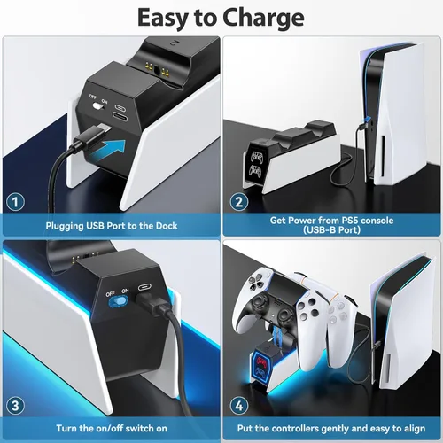 Vista 6 de PS5 Controller Charger Station Compatible with Playstation 5 Skin Edge & Dual Controller, 9 RGB LED Light PS5 Accessories Charging Station, PS5