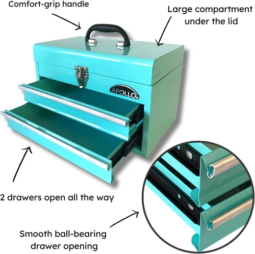 Vista 2 de Apollo Tools DT5010-GR - Caja de herramientas de acero de 14 pulgadas con compartimento superior profundo y 2 cajones de acero resistente