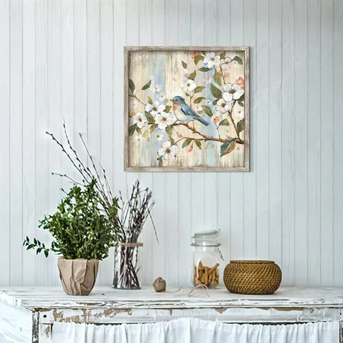 Vista 6 de Decoración de pared floral de pájaro: obra de arte botánica enmarcada imagen de animal en la rama de árbol impresión de madera para baño (12 x 12)