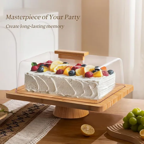 Vista 4 de HBlife Soporte para pasteles con tapa (16.5 pulgadas), soporte multifuncional para pasteles con cúpula acrílica, soporte rectangular de bambú 2 en 1