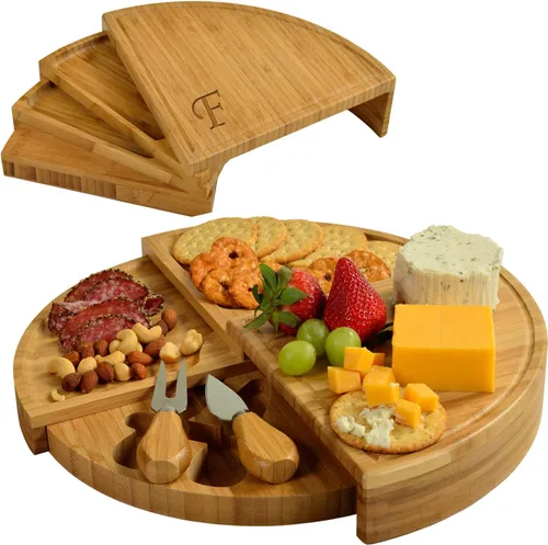 Vista 21 de Tabla Picnic at Ascot de bambú, para aperitivos, con herramientas para queso, espirales de una cuña compacta de 13 pulgadas de diámetro, patentado
