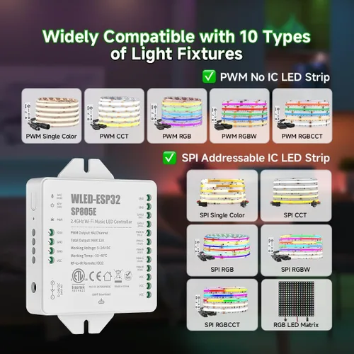 Vista 5 de BTF-LIGHTING SP805E WLED LED Controller ESP32 with Mic, WiFi APP Control For WS2812B WS2811 SK6812 WS2814 LED Strip/Matrix & PWM Dim CCT RGB RGBW