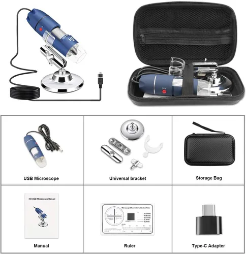 Vista 7 de Cámara de microscopio USB HD de 2 MP para Android, Windows, Linux Mac, 40X a 1000X digital con soporte y estuche de transporte, moneda portátil