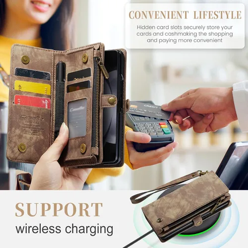 Vista 4 de Kowauri for Samsung Galaxy Z Fold 5 Case,Zipper Purse Magnetic Folio Leather Wallet Case with S Pen Holder Wrist Strap Card Holder Shockproof