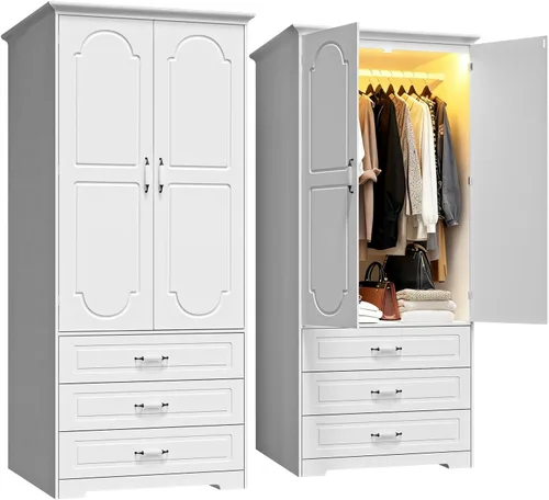 Vista 9 de FJTJBSI Armario Armario con 3 cajones y luz LED de 72 pulgadas, armario de madera para dormitorio con 2 puertas y manijas de puerta de cerámica Negro