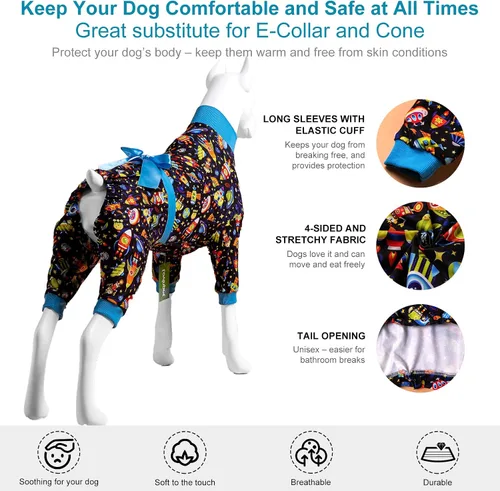 Vista 5 de LovinPet Pijama grande para perros, camisa de recuperación poscirugía, tela elástica, estampado de franela azul marino, antilamer, pijamas fáciles