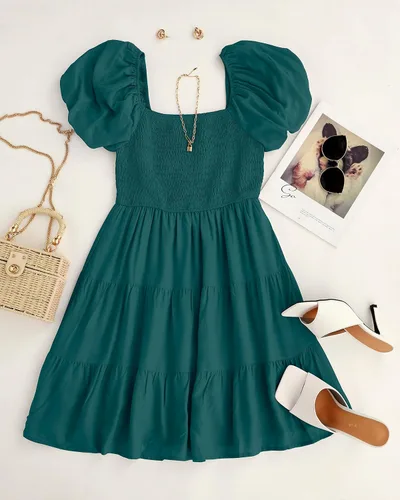 Vista 5 de ZESICA Mini vestido corto de verano bohemio 2026 con cuello cuadrado, manga abombada, hombros descubiertos, fruncido, escalonado, casual