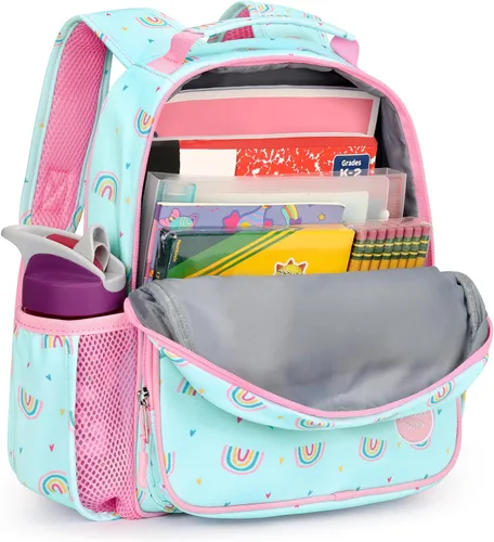 Vista 6 de mibasies Mochila para niñas y niños, ideal para niños y niñas, mochila para preescolar jardín de infantes y primaria, Rosa Arco Iris, Niñito-7L