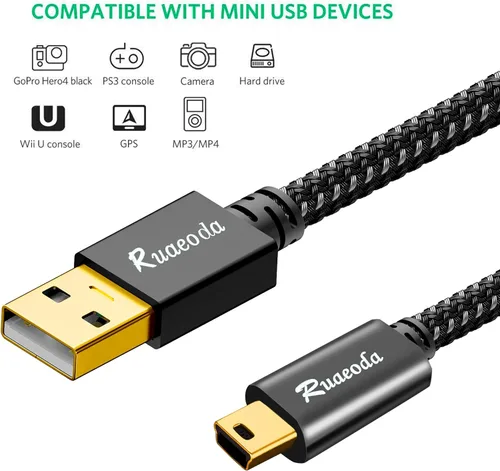 Vista 2 de Cable mini USB de 25 pies, mini cargador USB 2.0 tipo A a Mini 5 pines B cable compatible con GoPro Hero 3+, controlador PS3, teléfonos celulares