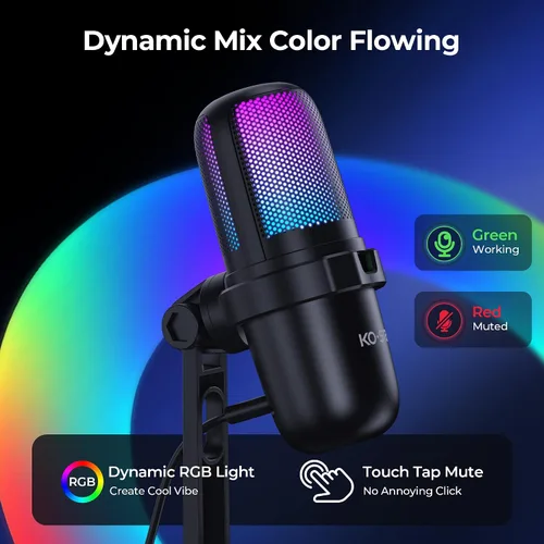 Vista 3 de Micrófono USB para juegos de transmisión, micrófono de escritorio de condensador de PC para video, uso doméstico, YouTube, con control RGB, perilla