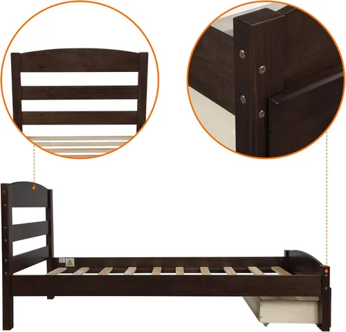 Vista 6 de Merax Cama de plataforma de tamaño individual con cajón de almacenamiento, marco de cama de madera con cabecera y estribo/fácil montaje/soporte