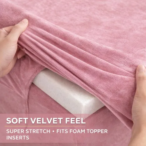Vista 4 de Funda de terciopelo rosa para mesa de masaje, cama elástica para pestañas y mesa de masaje con corte de pierna y bolsillo, se adapta a mesas de 72 a