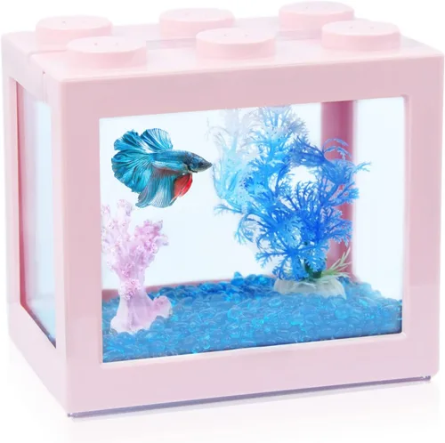 Vista 9 de Pequeño tanque de peces Betta, mini tanque apilable de pecera, kit de tanque de acuario rectangular de 3/5 galones con decoración de grava