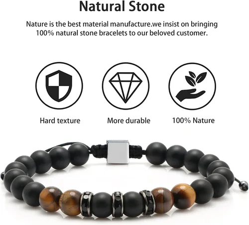 Vista 6 de JoycuFF Pulsera de ojo de tigre para hombre, regalo de aniversario, cumpleaños, día del padre, regalo de Navidad para novio, papá, hijo, esposo