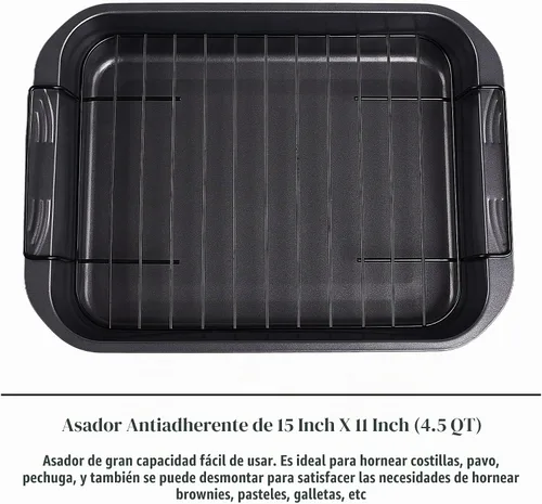 Vista 3 de kitCom Utensilios de hornear antiadherentes, asador antiadherente con estante, ideal para asar pollo, carnes y pavo - 15 pulgadas x 11 pulgadas