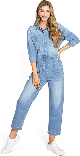 Vista 6 de Lana Roux Overol de mezclilla de pierna recta para mujer Aviator Utility Relax