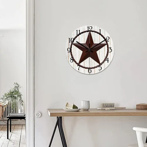 Vista 5 de Reloj de pared con diseño de país occidental de Texas, reloj de madera sin tictac, silencioso, funciona con pilas, con números grandes, reloj