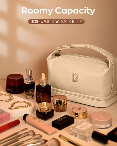 Vista 5 de Bolsa de maquillaje con asa, bolsa de cosméticos impermeable de doble capa, bolsas de maquillaje de cuero PU de gran capacidad con letra, bolsa