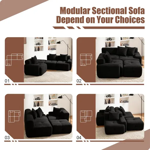 Vista 3 de Sofá modular modular de 104 pulgadas con otomana y 3 almohadas, sofá en forma de L sin hueso, relleno de material suave de celosía de piña con Negro