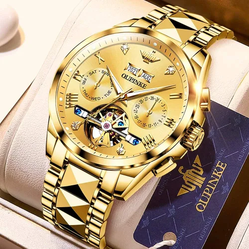 Vista 8 de OUPINKE - Reloj automático para hombre, diseño de esqueleto de diamante mecánico de cuerda automática, lujo, reloj de pulsera de cristal de zafiro