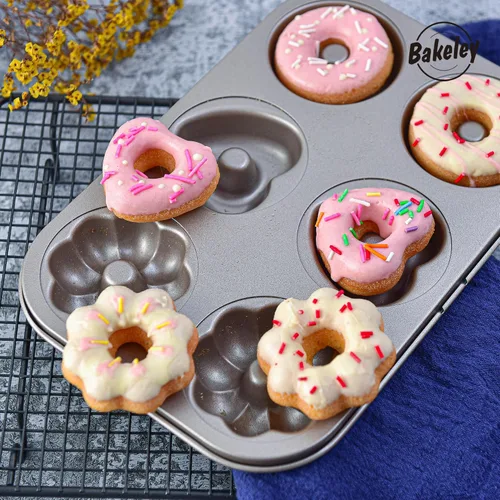 Vista 6 de Molde de Donas Elegante, Molde de Donas de 6 Cavidades, Molde de Bundt de Acero Resistente Antiadherente con Forma de Corazón y Flor, Redondo, Juego