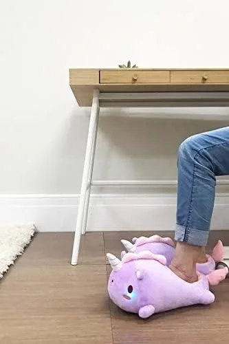 Vista 3 de SMOKO Pantuflas de unicornio iluminadas, calentadores de pies de felpa con mejillas LED, bonito estilo kawaii, Morado, talla única