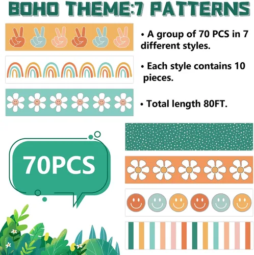 Vista 3 de AnyDesign Bordes retro de 80 pies para tablón de anuncios para el aula, coloridos bordes de margaritas arcoíris y flores, calcomanías para tablón