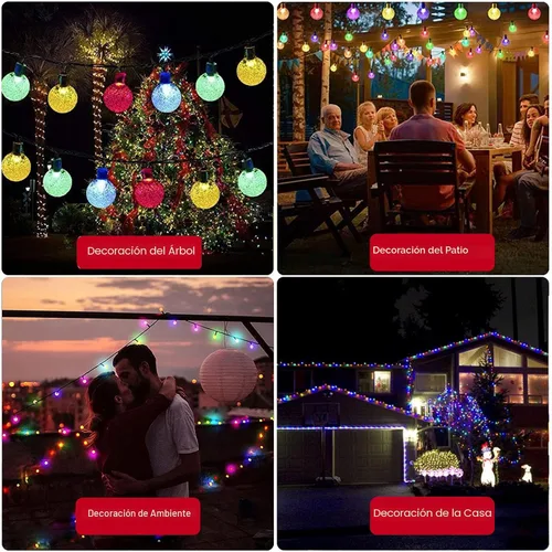 Vista 6 de Guirnalda de luces solares para exteriores, 100 luces LED de 40 pies de globo de cristal multicolor con 8 modos de iluminación, luces solares