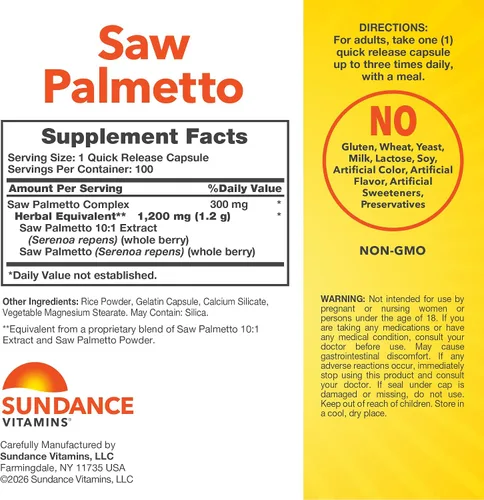 Vista 2 de Sundance Saw Palmetto para hombre 100 cápsulas de liberación rápida