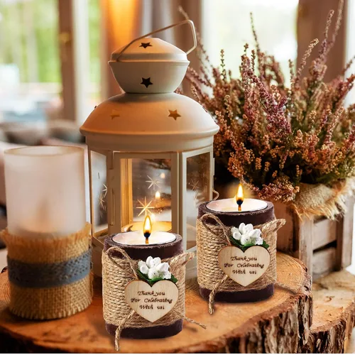 Vista 4 de Treela 12 Piezas Portavelas de Madera para Velas de Té Portavelas para Despedida de Soltera Portavelas Cilíndricos de Madera Rústica con Velas de Té