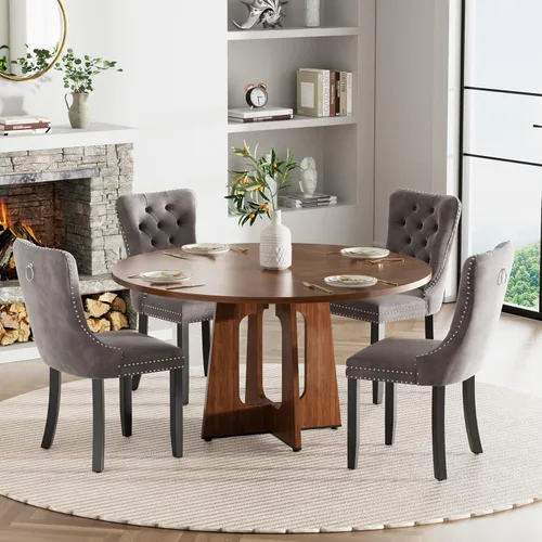 Vista 42 de Mesa de comedor redonda estilo granja para 6, mesa de cocina circular de 47" MDF con acabado de grano de madera, mesa de cocina y comedor de madera