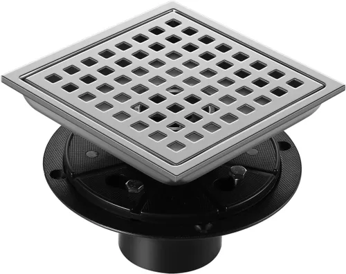 Vista 10 de Desagüe de ducha, desagüe de piso cuadrado cromado de 4 pulgadas con brida, panel de rejilla extraíble plateado de acero inoxidable SUS 304, desagüe