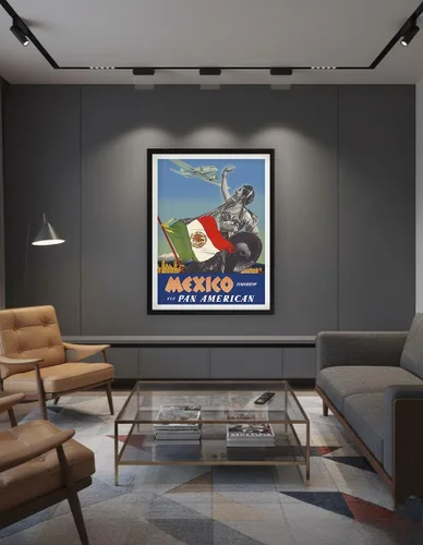 Vista 7 de México – Mañana – via Pan American Airways (PAA) – Bandera de México – Póster vintage de viaje de aerolínea por Paul George Lawler c.1940