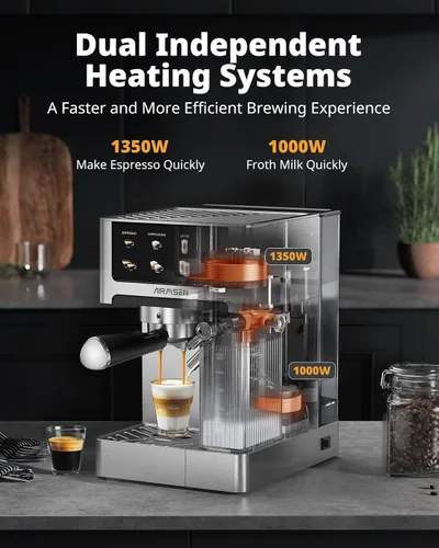 Vista 2 de AIRMSEN Máquina de café expreso de 20 bares con espumador automático de leche, cafetera de capuchino y latte con caldera doble de preparación rápida