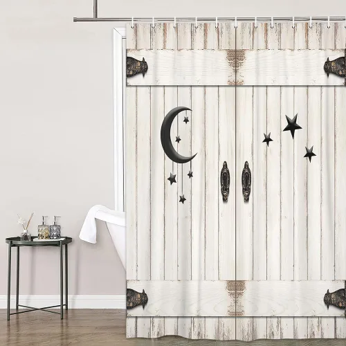 Vista 4 de JAWO Cortina de ducha con puerta de granero, de madera rústica, de madera blanca, Islam, luna creciente y estrella, cortina de ducha moderna