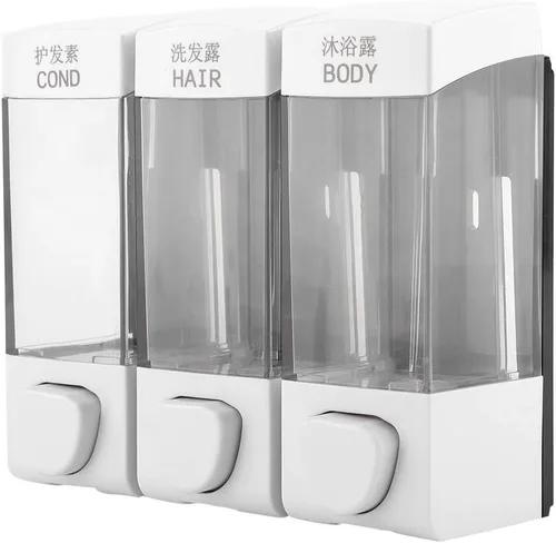 Vista 7 de Oumefar Dispensador de 3 cámaras y ducha montado en la pared, loción líquida, dispensador de champú manual, dispensador de ducha, 3 cámaras, sin