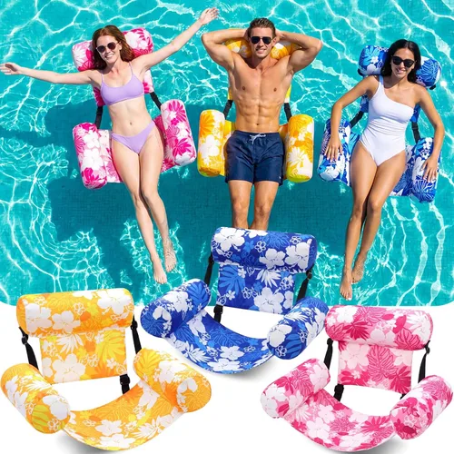 Vista 13 de Paquete de 3 flotadores inflables para piscina, sillas flotantes para adultos, hamaca ajustable, silla flotante de agua, natación, patrón de plantas