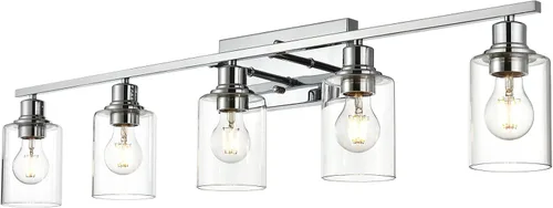 Vista 18 de Lámpara de pared de 3 luces de níquel cepillado de metal, lámpara de tocador de interior con pantalla de vidrio transparente, accesorios
