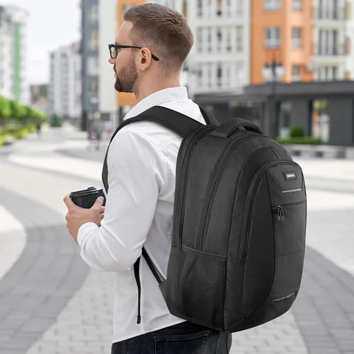 Vista 6 de Mochila para hombres y mujeres, mochila escolar para adolescentes, mochila negra para niños con puerto de carga USB para laptop de 15.6 pulgadas