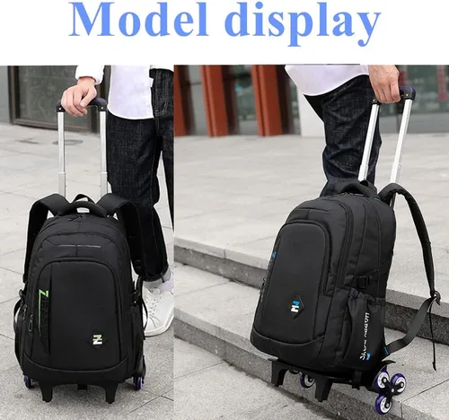 Vista 8 de Mochila con ruedas de color sólido para niños, para escuela secundaria, con ruedas, Verde Negro, Moderno