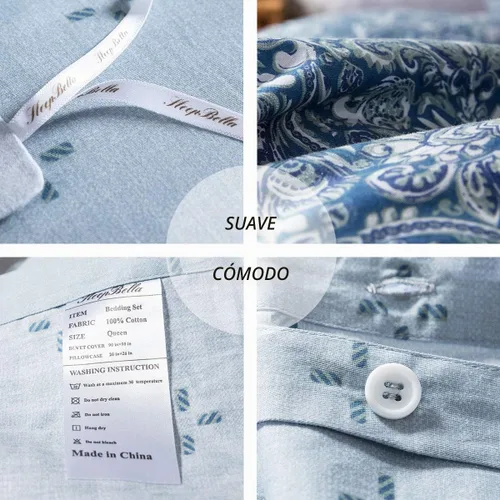 Vista 6 de SLEEPBELLA Juego de funda de edredón de algodón de 600 hilos, juego de ropa de cama (individual, azul-paisley)