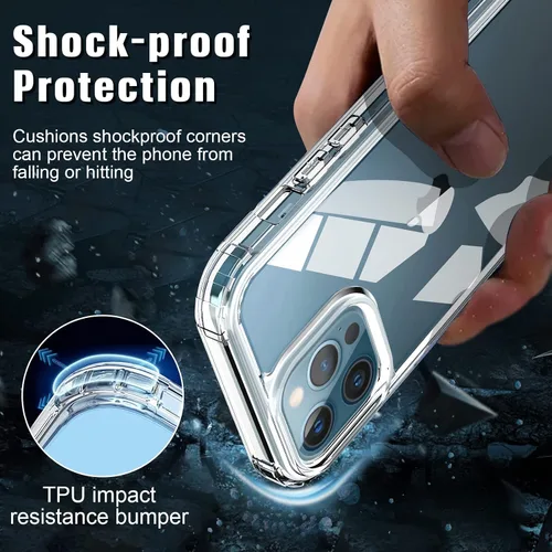 Vista 2 de Funda transparente 5 en 1 para iPhone 12, con 2 protectores de pantalla de vidrio templado HD de dureza 9H + 2 protectores de lente de cámara, funda