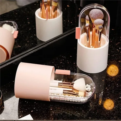 Vista 3 de Makeup Acrylic Makeup Brush Storage Box Dressing Table Desktop Cosmetic Portable Storage Organizer(Pink)