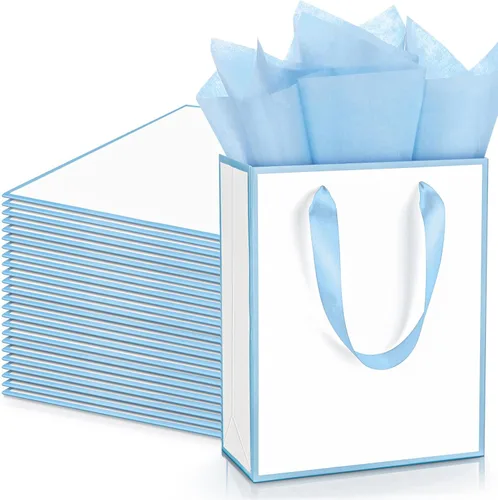 Vista 34 de Yeaqee Paquete de 24 bolsas de regalo de papel metálico con asa y tejido de 9 x 7 x 3.1 pulgadas, papel de aluminio dorado, bolsas de agradecimiento